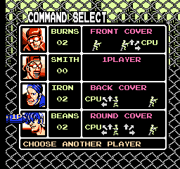 The COMMAND SELECT screen with too many options selected, showing a message at the bottom saying "CHOOSE ANOTHER PLAYER"