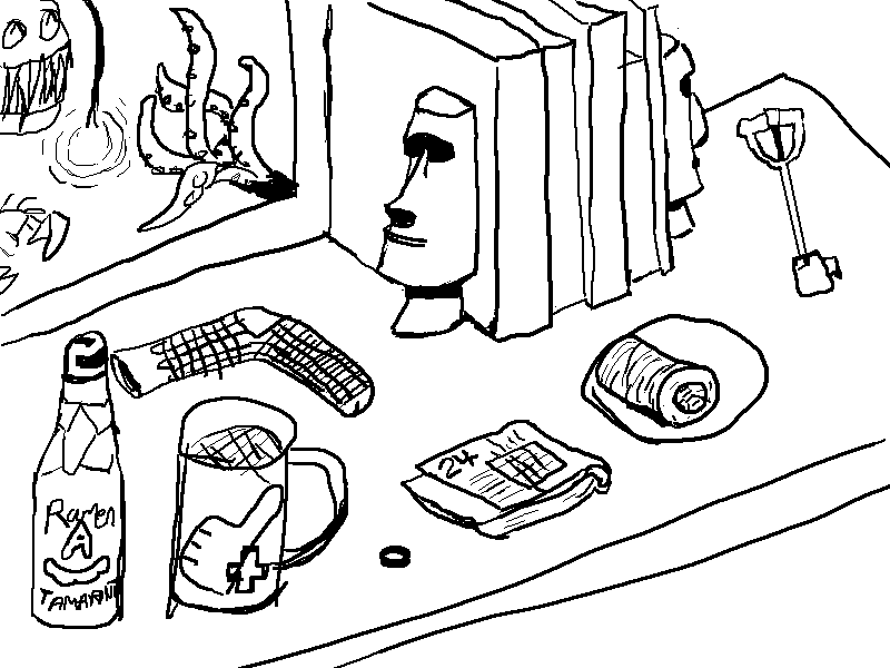 A table with some nori-tillas, a blued steel ring, tamarind soda, a thumbs up mug, a weekly picross booklet, waffle-patterned socks, moai bookends, a key-shaped keycutter, and a poster showing terrors of the deep.